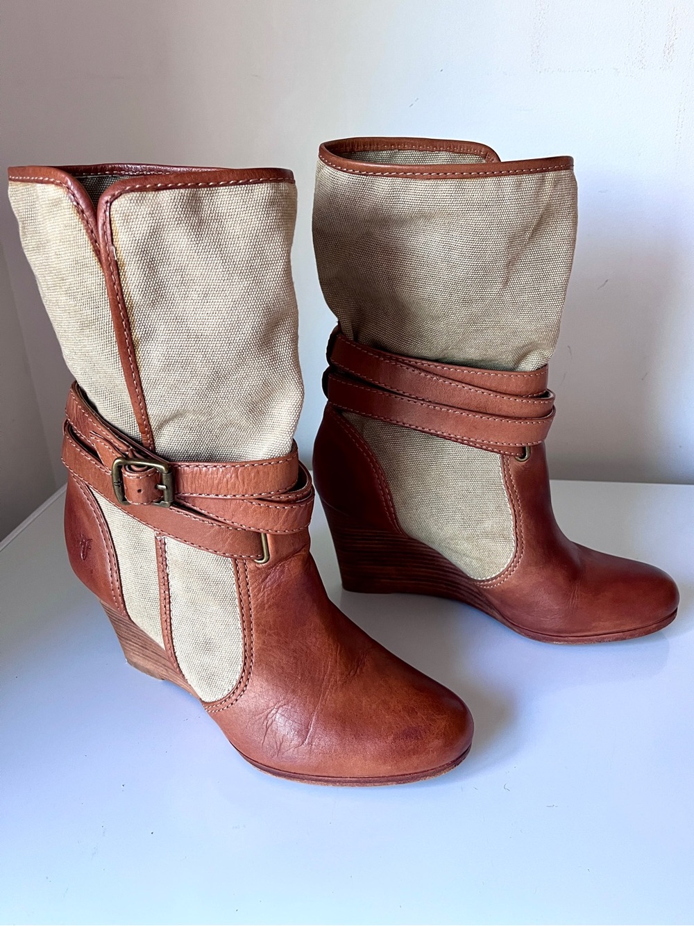 Frye Corby Strappy Wedge Boots Leather Canvas Cognac 8.5M Style 78073